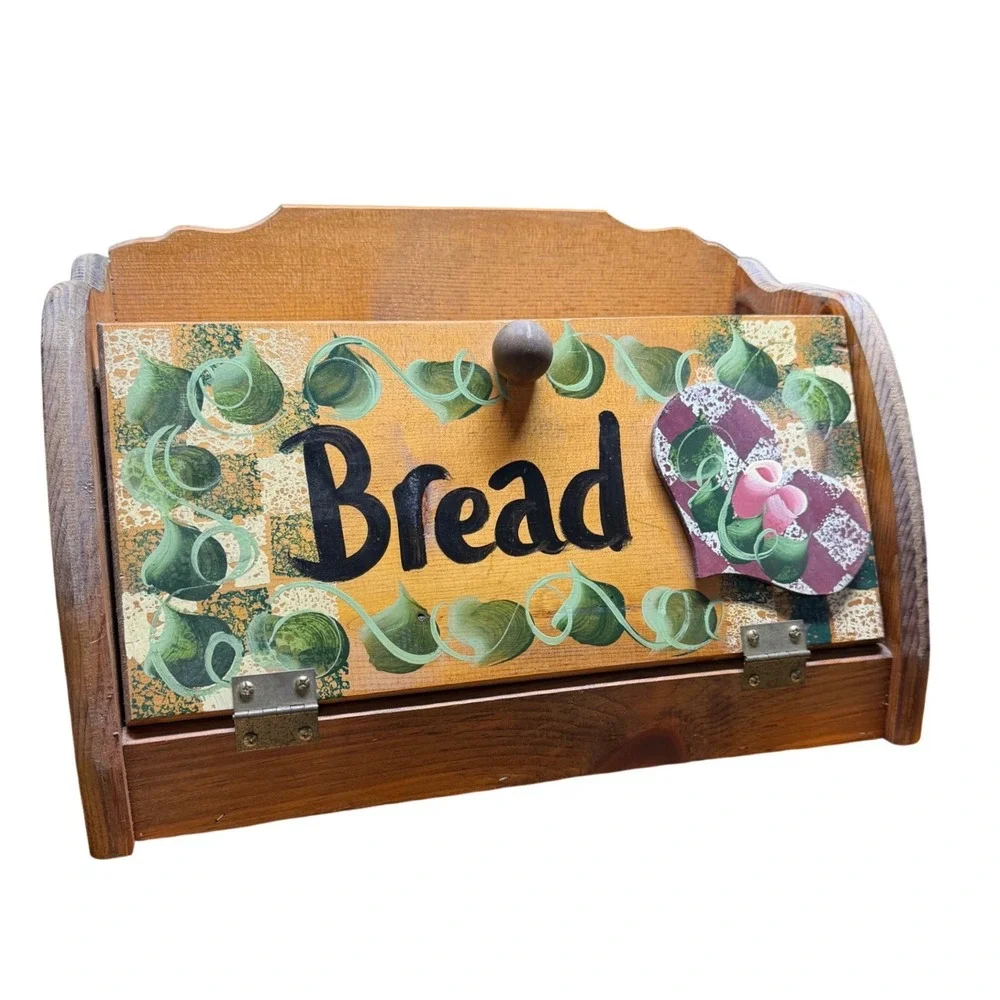 Vintage Wooden Bread‎ Box Hand Painted Farmhouse Kitchen Storage Bin Rustic Wood